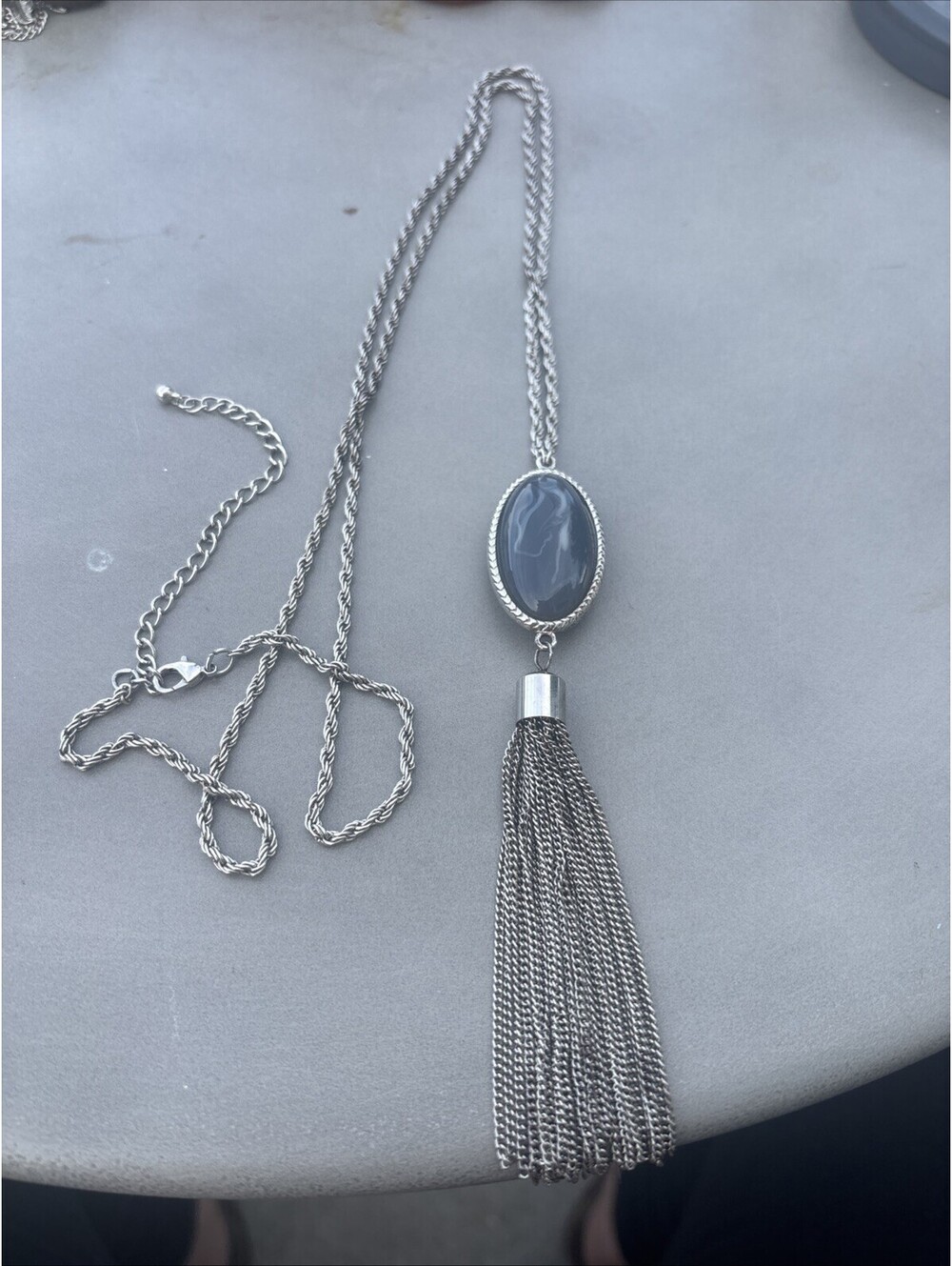 Tassel Fringe Necklace Blue Marbled Cabochon Pendant Rope Chain Silverplated 44"